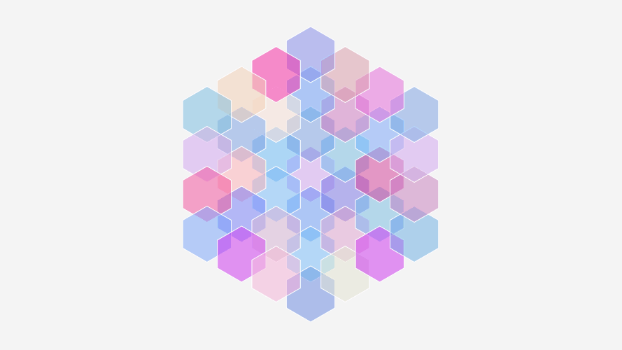 An animated gif of a digital hexagon pattern, made of smaller colorful hexagons, filling with random colors and patterns as it is refreshed.