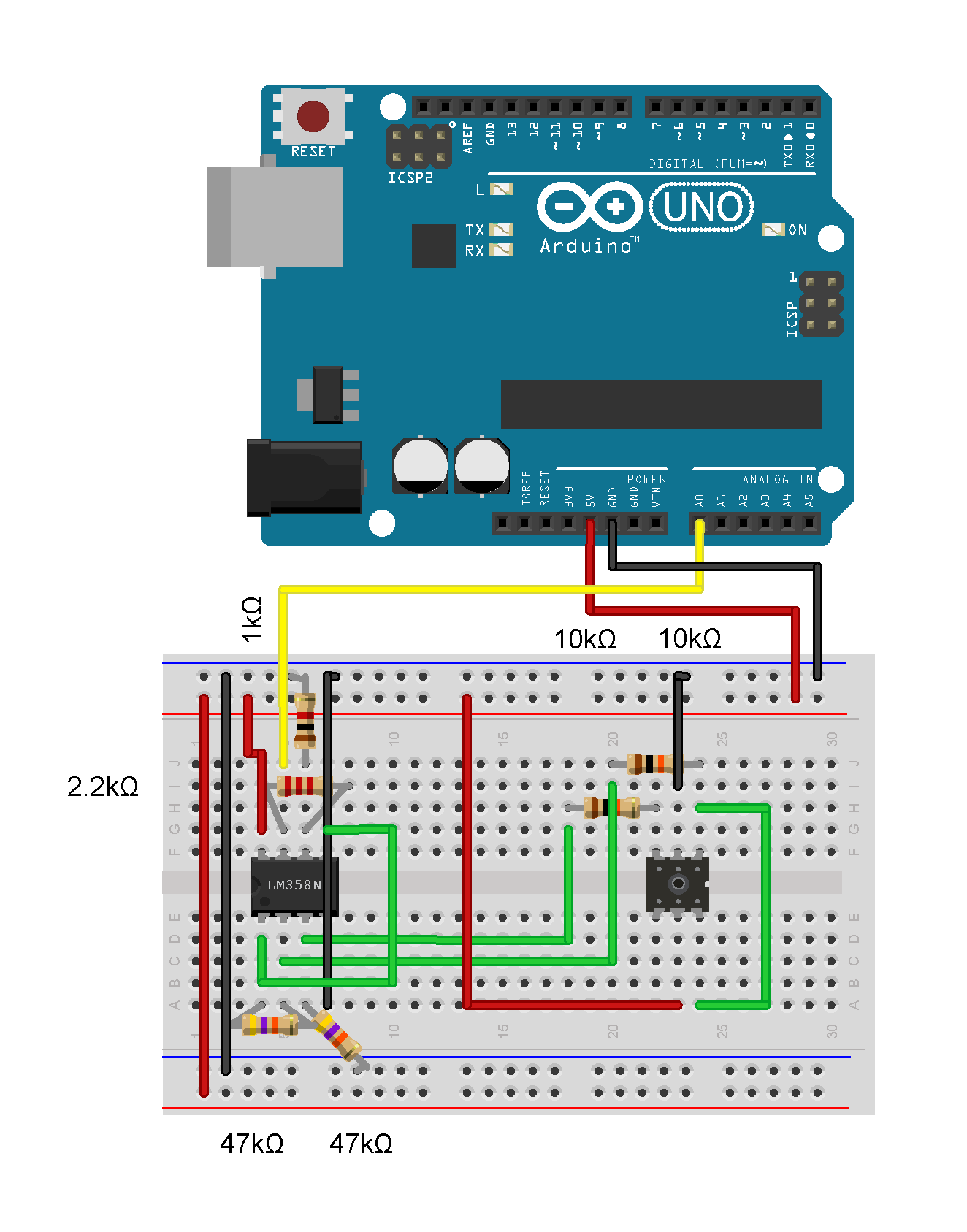 An instructional diagram of an electrical circuit that hooks up a pressure sensor.